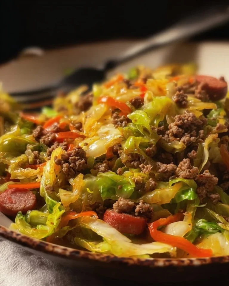 Plate of dirty cabbage with smoked turkey sausages seasoned beautifully