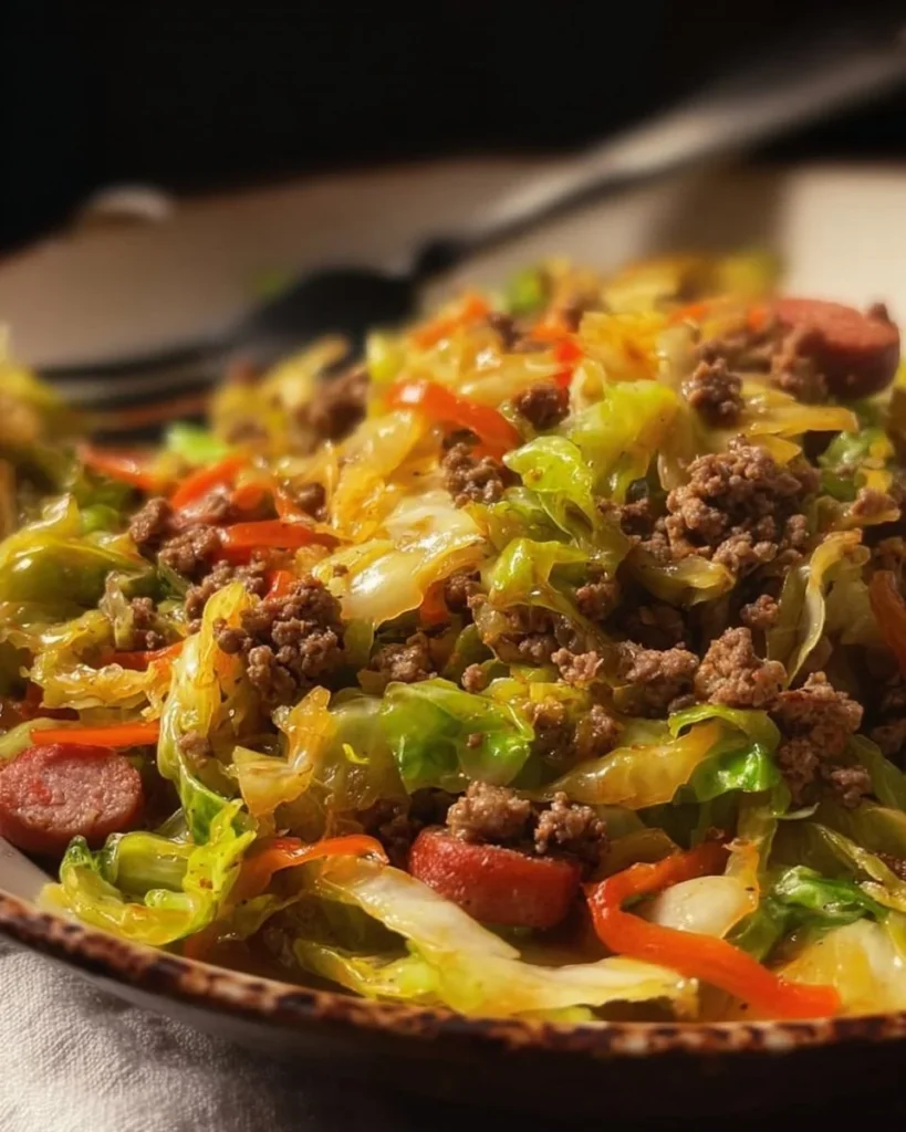 Plate of dirty cabbage with smoked turkey sausages seasoned beautifully