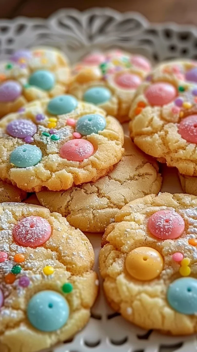 Colorful Easter Bunny Button Cookies decorated with icing and sprinkles.