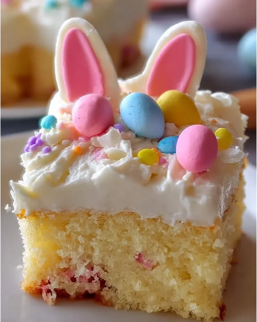 Delicious Easter Bunny Poke Cake decorated with bunny design and pastel colors