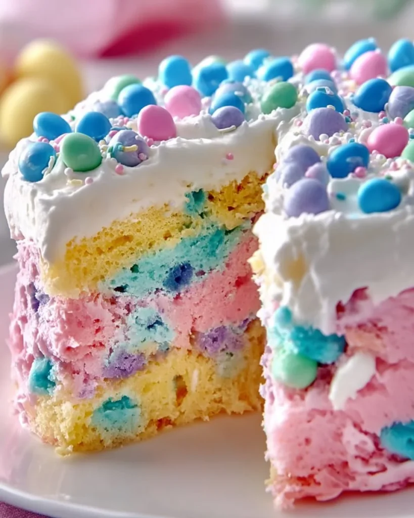 Easter Poke Cake with colorful sprinkles and vibrant frosting on a white plate.