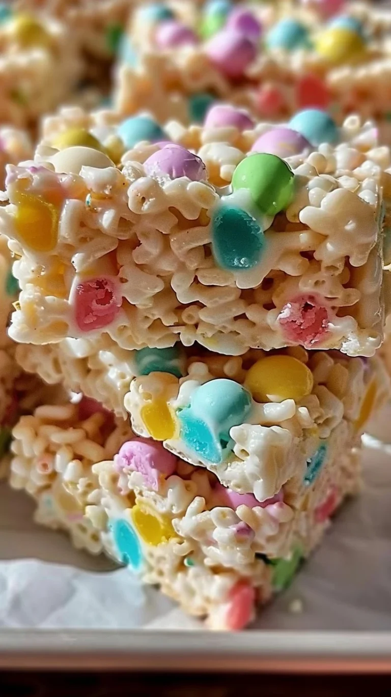 Colorful Easter Rice Krispie Bars topped with pastel sprinkles.