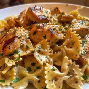 Creamy garlic butter chicken served with bowtie pasta in a delicious dinner dish.
