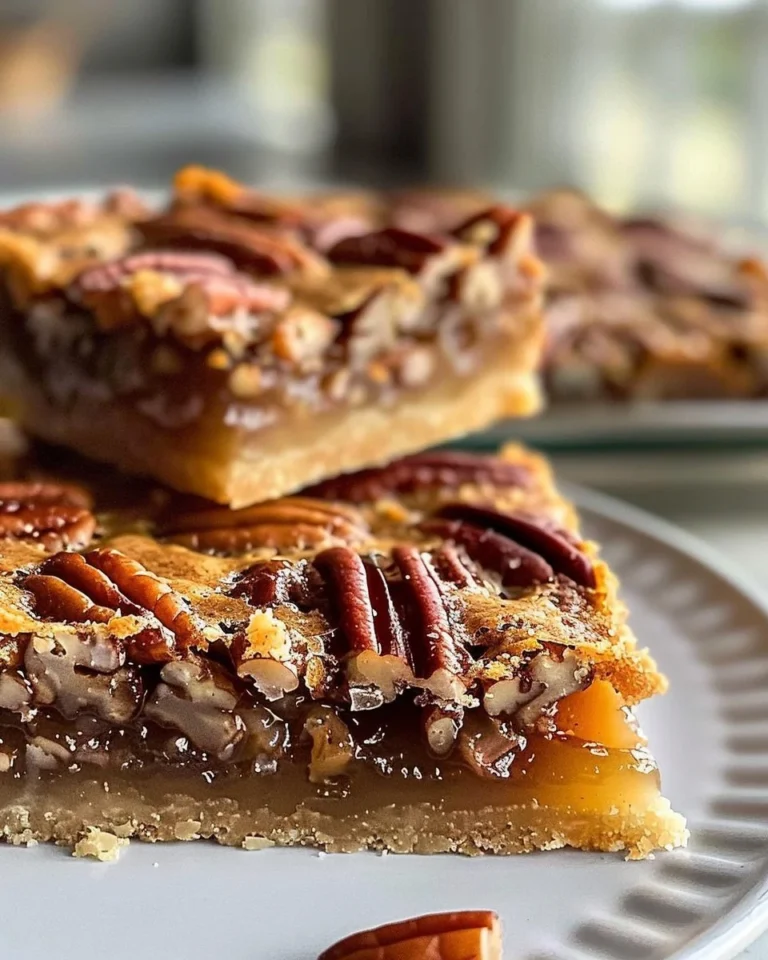 Delicious easy pecan pie bars topped with pecans and a rich filling.