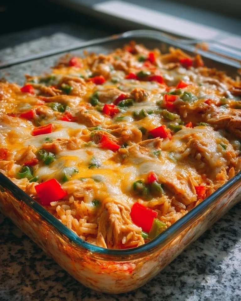Delicious Fajita Chicken Casserole topped with melted cheese and colorful peppers.