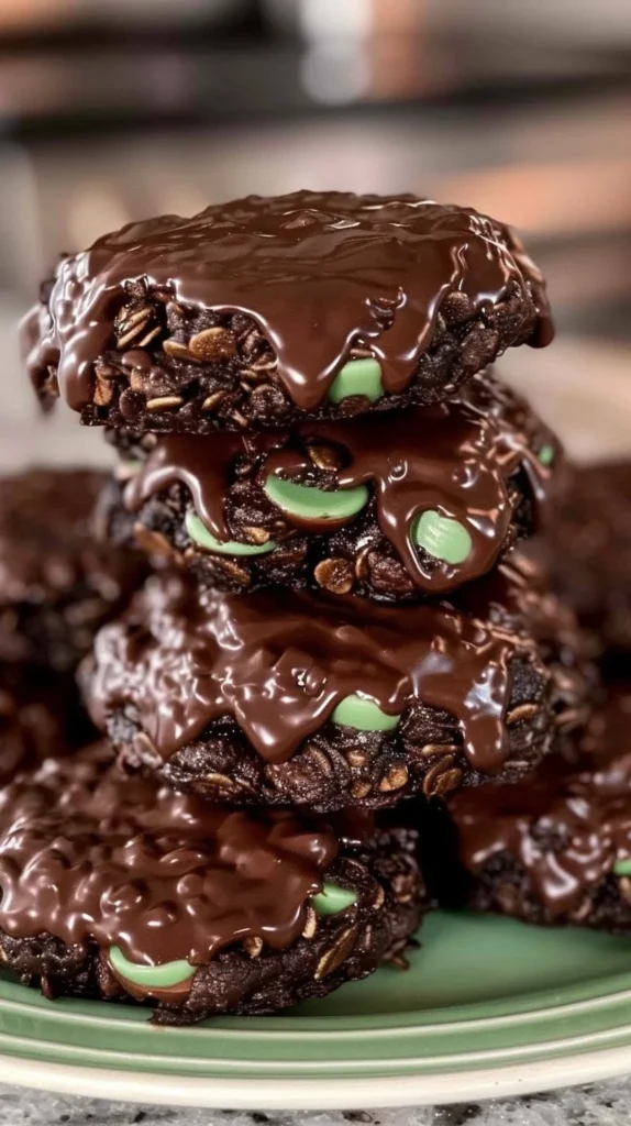 Fudgy mint chocolate no-bake cookies piled on a plate