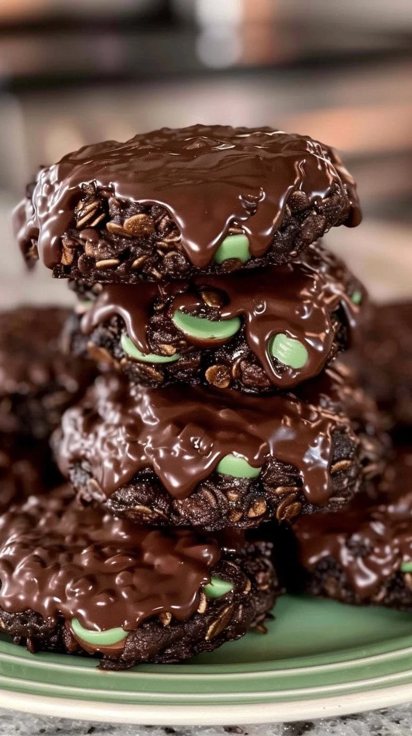 Fudgy mint chocolate no-bake cookies piled on a plate