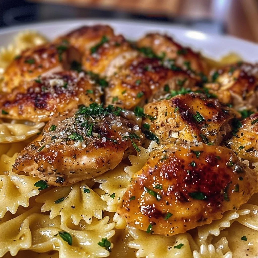 Garlic Butter Chicken served with Bowtie Pasta, a delectable dinner dish.