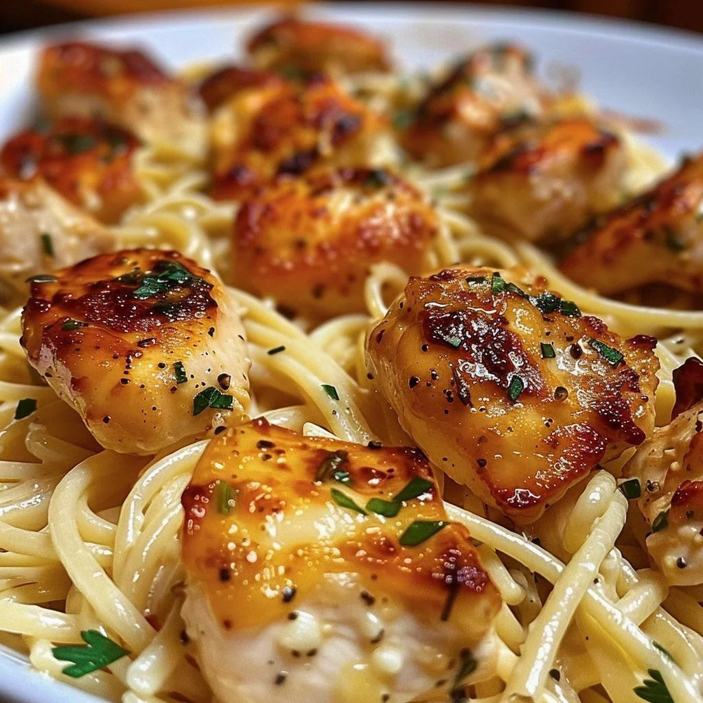Garlic Butter Chicken Bites served with Creamy Parmesan Pasta on a plate