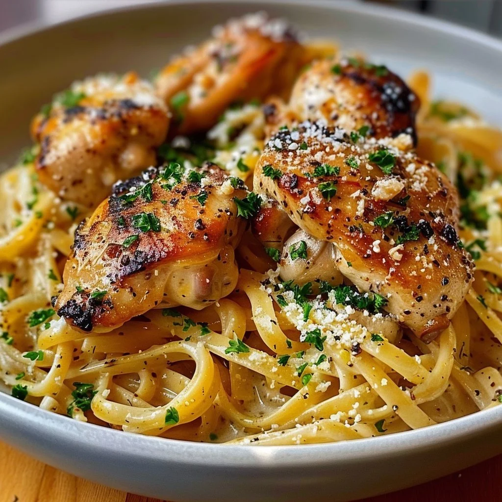 Delicious Garlic Butter Chicken Pasta served in a bowl with a sprinkle of parsley.