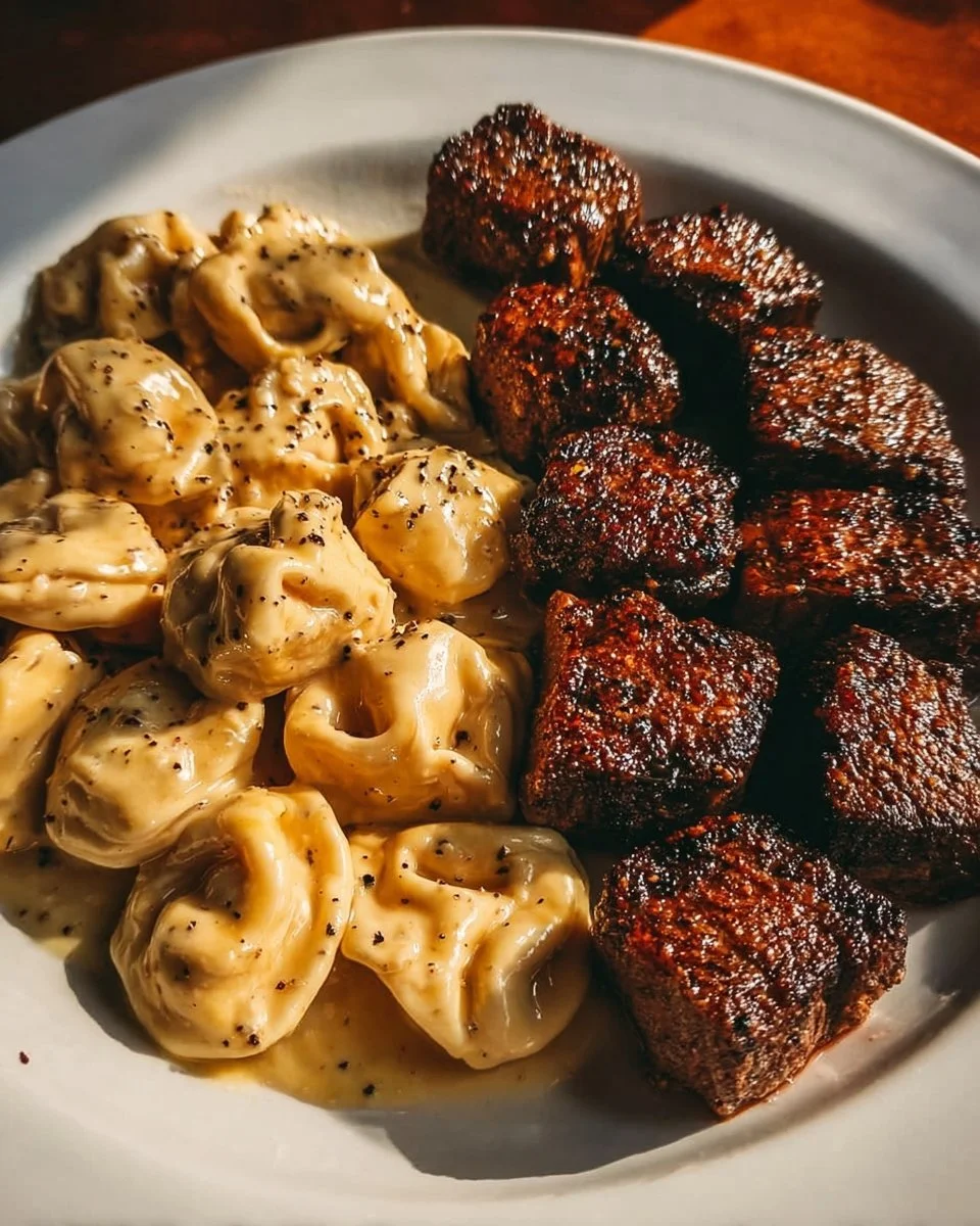 Garlic Butter Steak Bites & Creamy Alfredo Tortellini