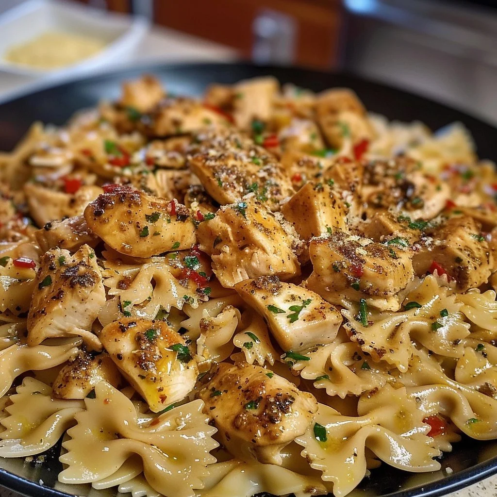 Delicious Garlic Cowboy Butter Bowtie Pasta with Chicken on a plate