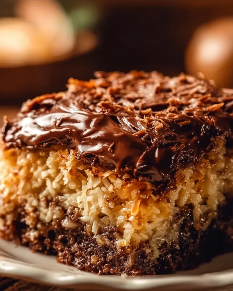 Delicious German Chocolate Dump Cake topped with chocolate frosting and coconut