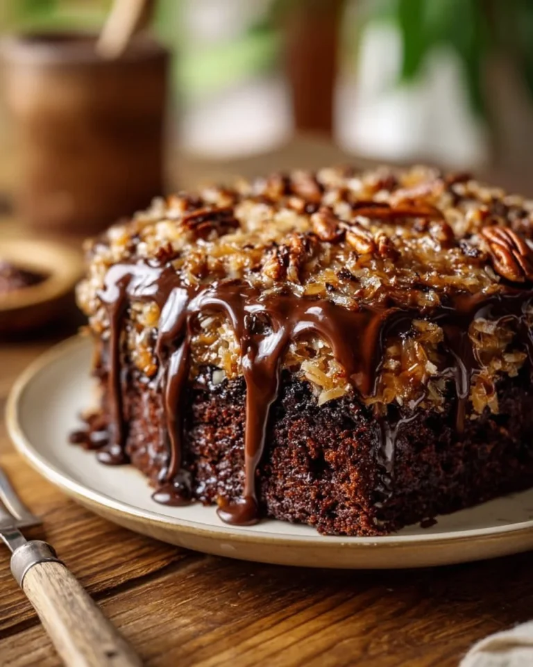 German Chocolate Poke Cake Squares with rich chocolate frosting and coconut topping