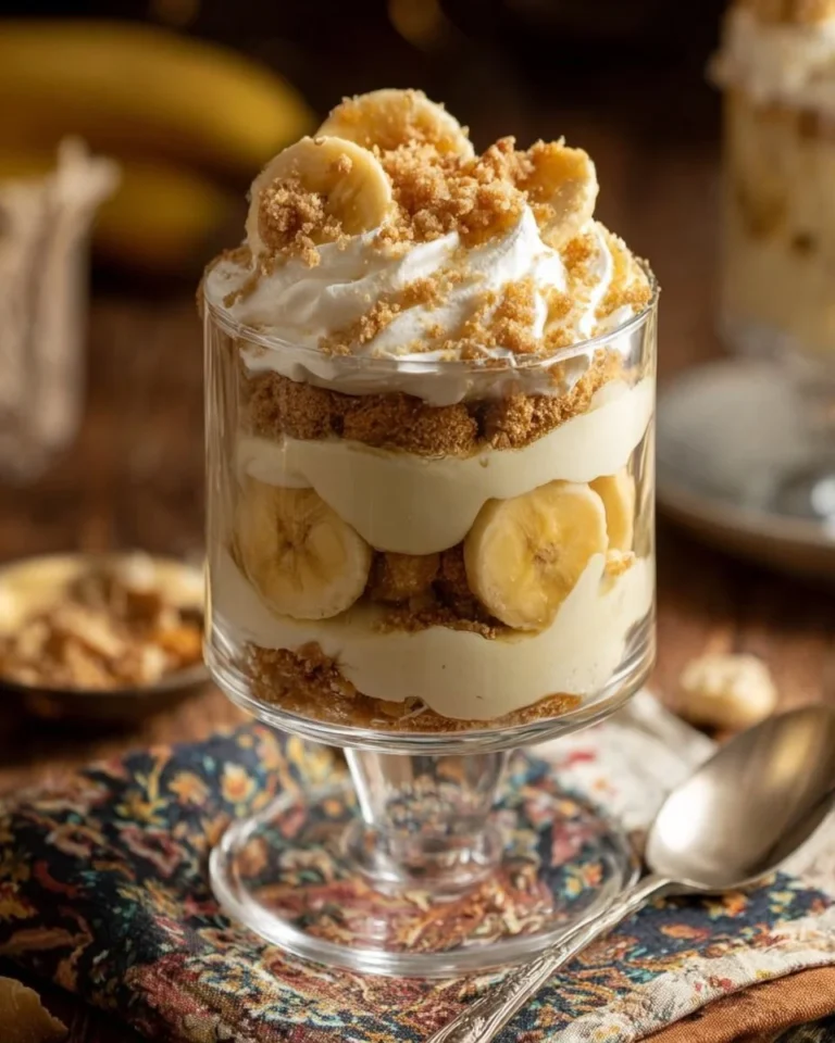 Heavenly No Bake Banana Cream Pie Cups topped with whipped cream and banana slices