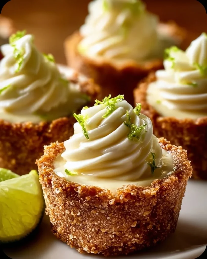 No-bake mini key lime pies served on a plate with lime slices and whipped cream