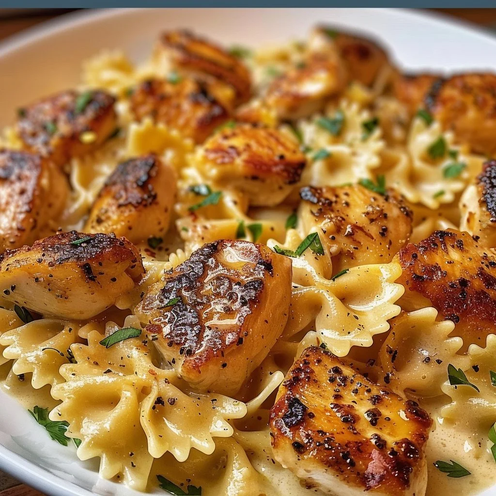 Delicious mozzarella garlic butter chicken served with cheesy bowties