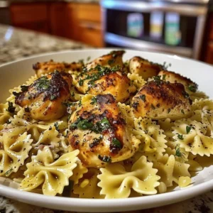 Lemon Garlic Chicken served with creamy bowtie pasta in a delicious meal.