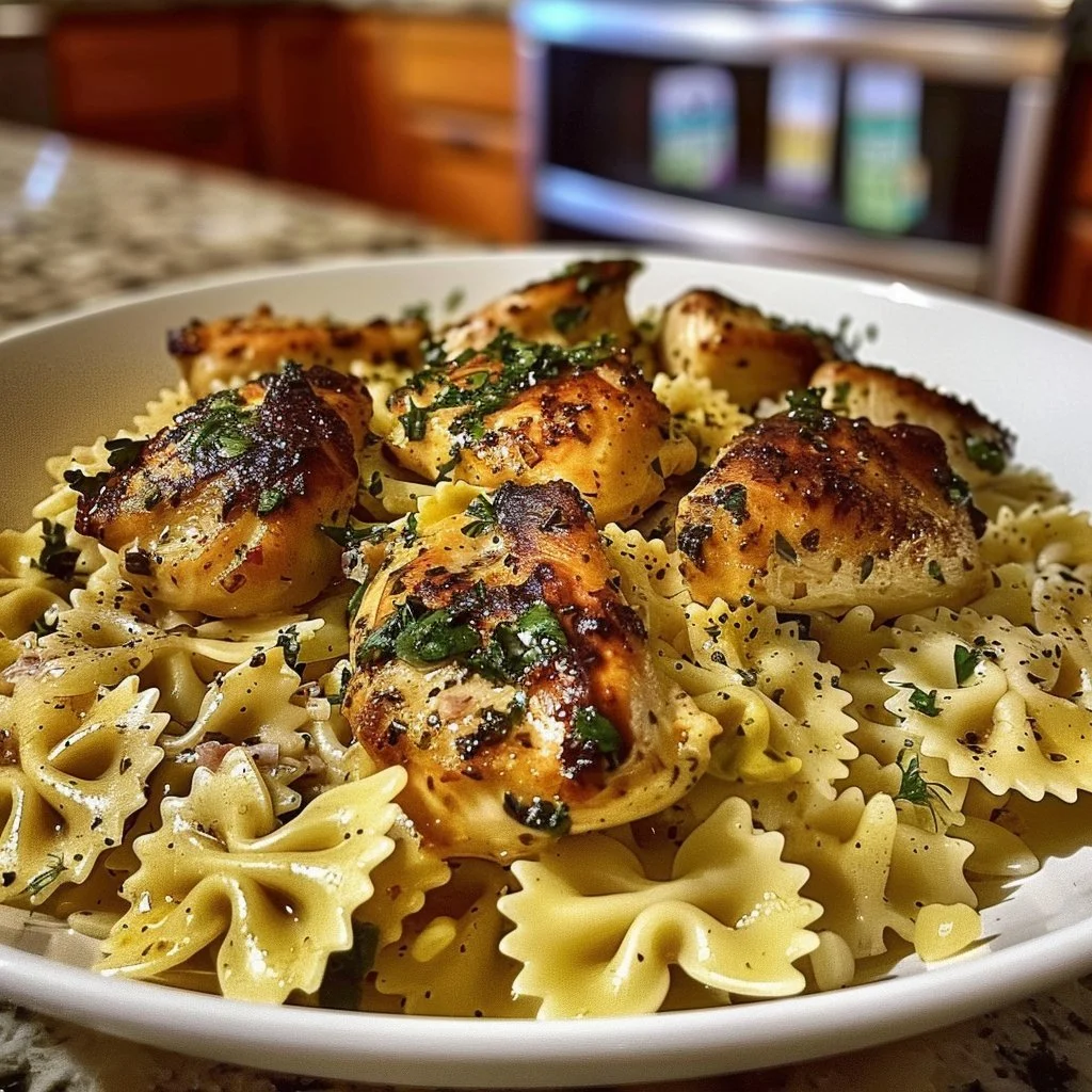 Lemon Garlic Chicken served with creamy bowtie pasta in a delicious meal.