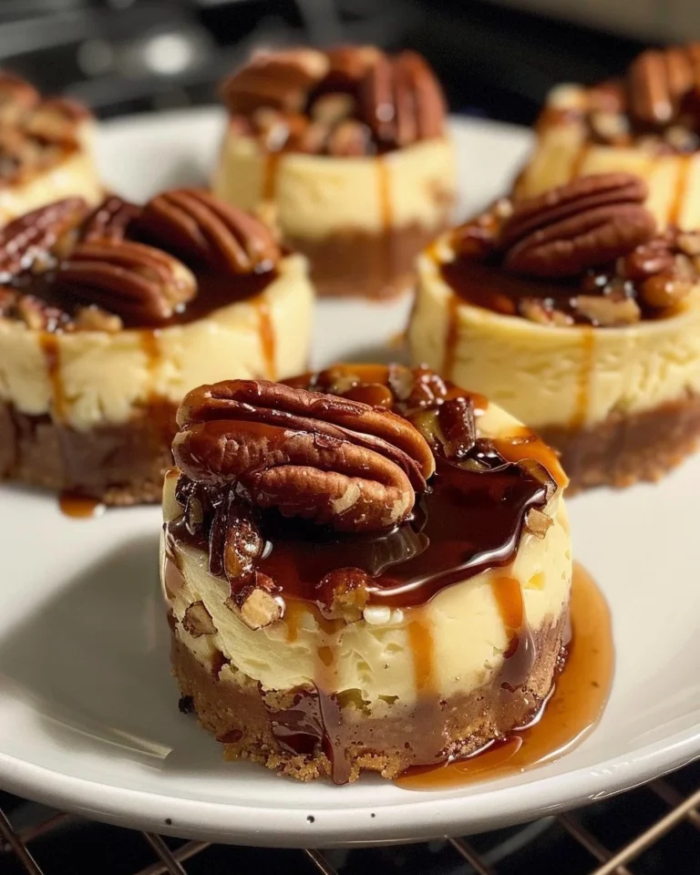 Mini pecan pie cheesecakes served on a rustic wooden platter