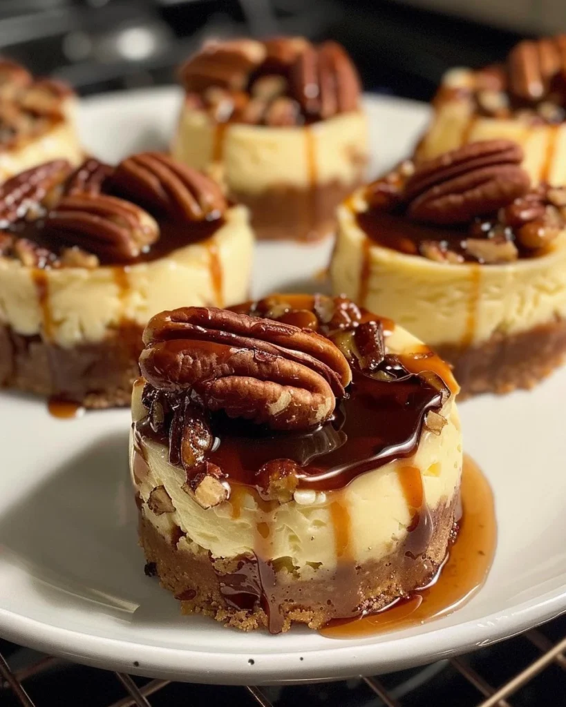 Mini pecan pie cheesecakes served on a rustic wooden platter