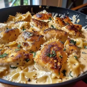 Delicious Mozzarella Garlic Butter Chicken Bowties served on a plate.