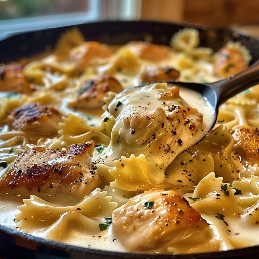 Mozzarella Garlic Butter Chicken bowties served in creamy cheese sauce