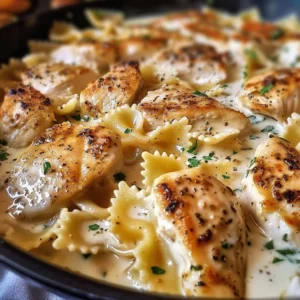 Delicious Mozzarella Garlic Butter Chicken Bowties served in creamy cheesy sauce