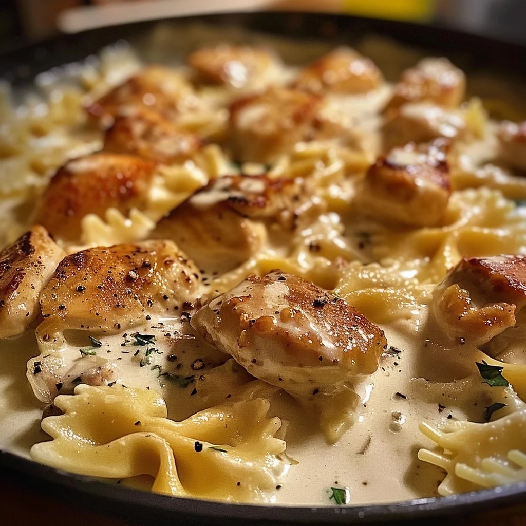 Mozzarella Garlic Butter Chicken Bowties in creamy sauce