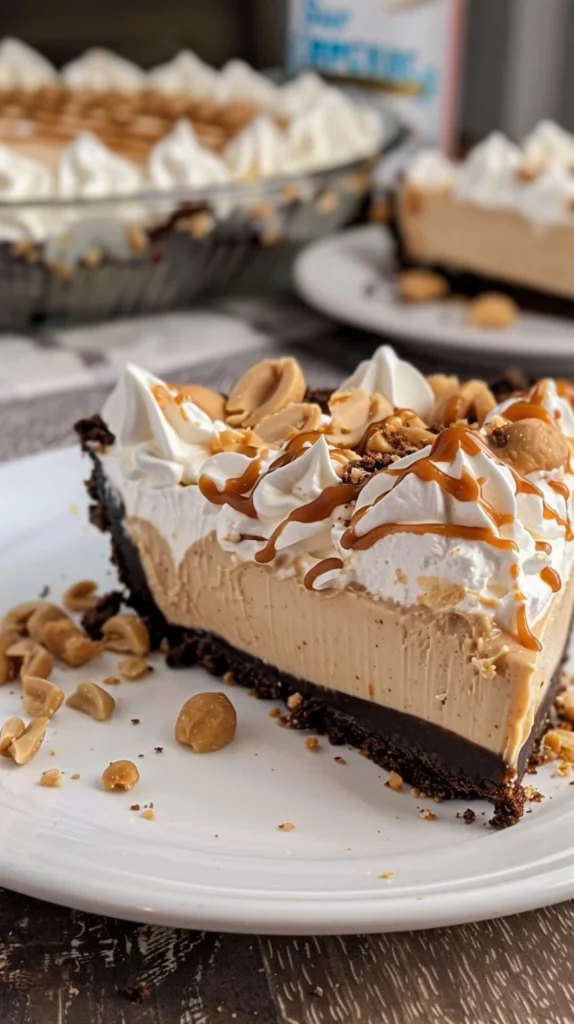 No bake peanut butter pie topped with whipped cream and chocolate drizzles.