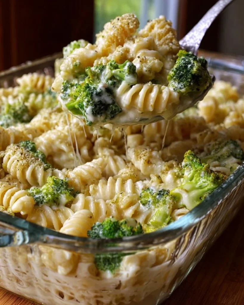 No-boil broccoli pasta bake served in a dish, topped with cheese and herbs