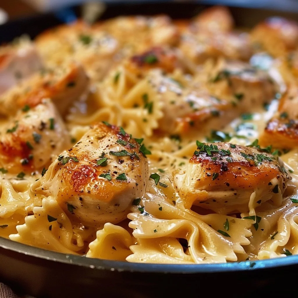 Delicious one pan creamy garlic chicken served with cheesy bowtie pasta