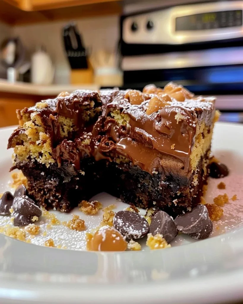 Delicious Peanut Butter Cup Dump Cake topped with chocolate and peanut butter cups