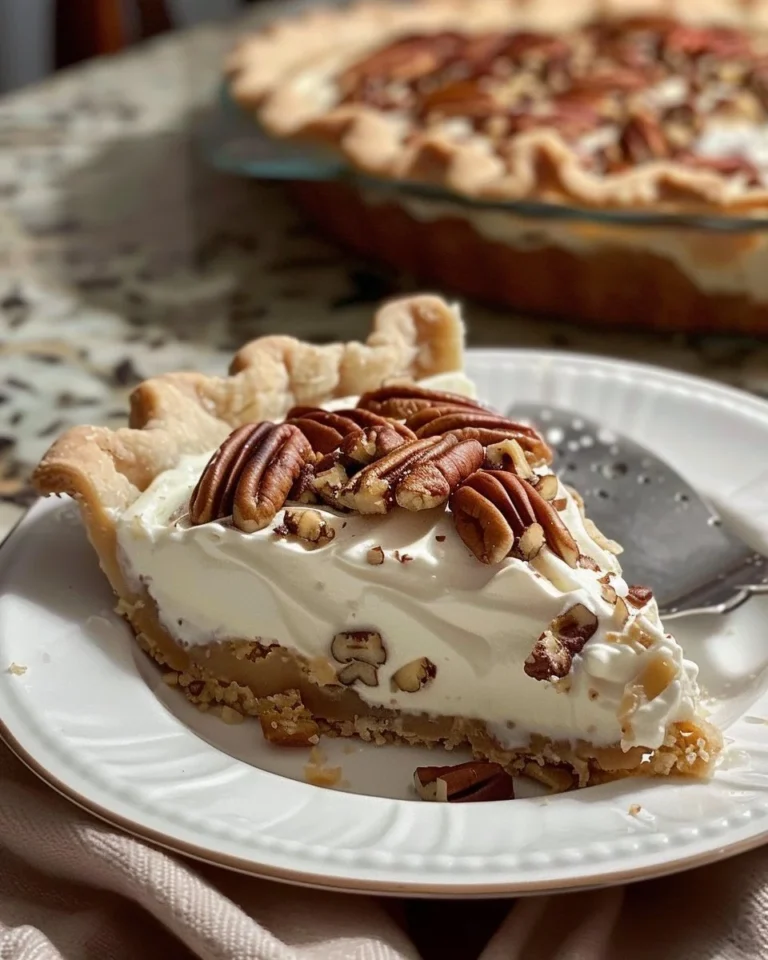 Delicious Pecan Cream Pie topped with pecans and whipped cream