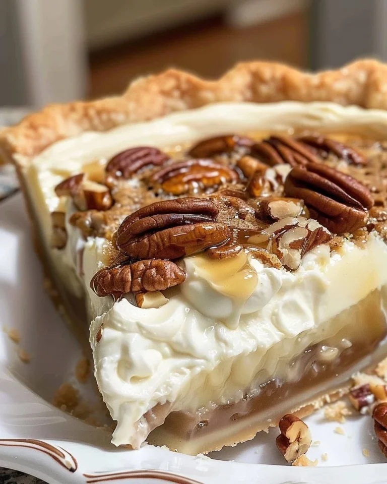 Delicious slice of pecan cream pie topped with whipped cream and pecans.