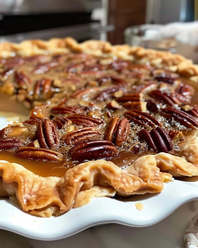 Deliciously baked pecan pie topped with candied pecans and a golden crust