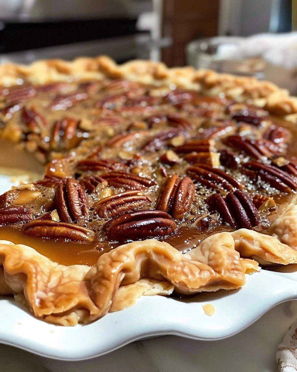 Deliciously baked pecan pie topped with candied pecans and a golden crust
