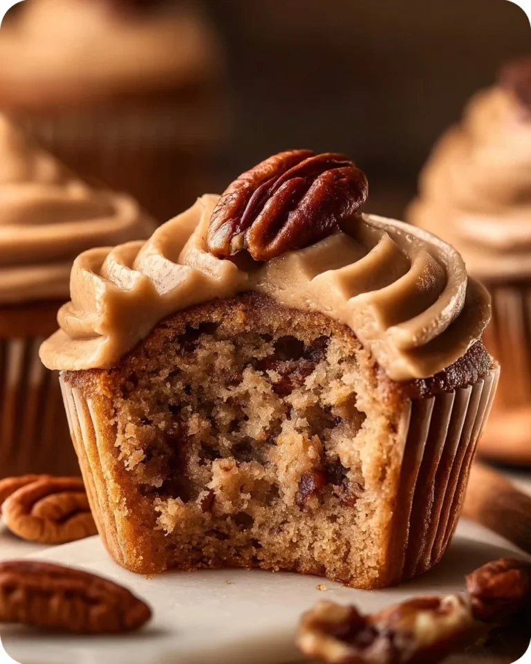 Delicious pecan pie cupcakes with brown sugar frosting on a decorative plate.