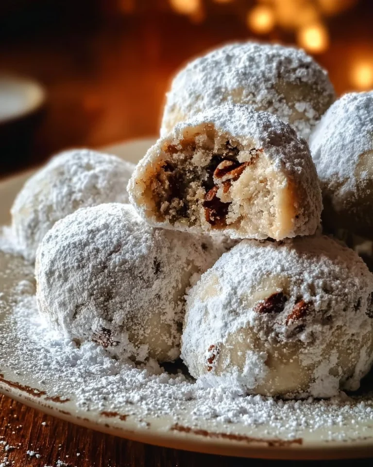 Plate of delicious Pecan Snowball Cookies coated in powdered sugar