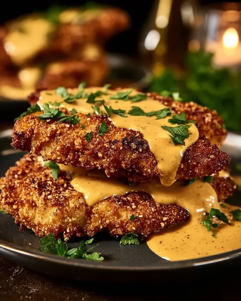 Pretzel-crusted chicken drizzled with creamy mustard cheddar sauce on a plate