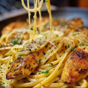 Delicious Garlic Butter Chicken Pasta served in a bowl with herbs.