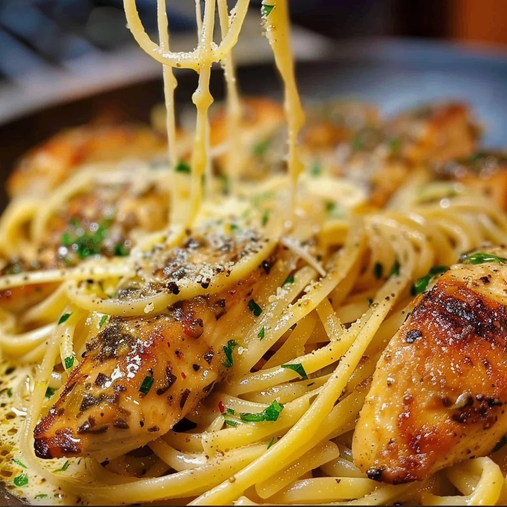 Delicious Garlic Butter Chicken Pasta served in a bowl with herbs.