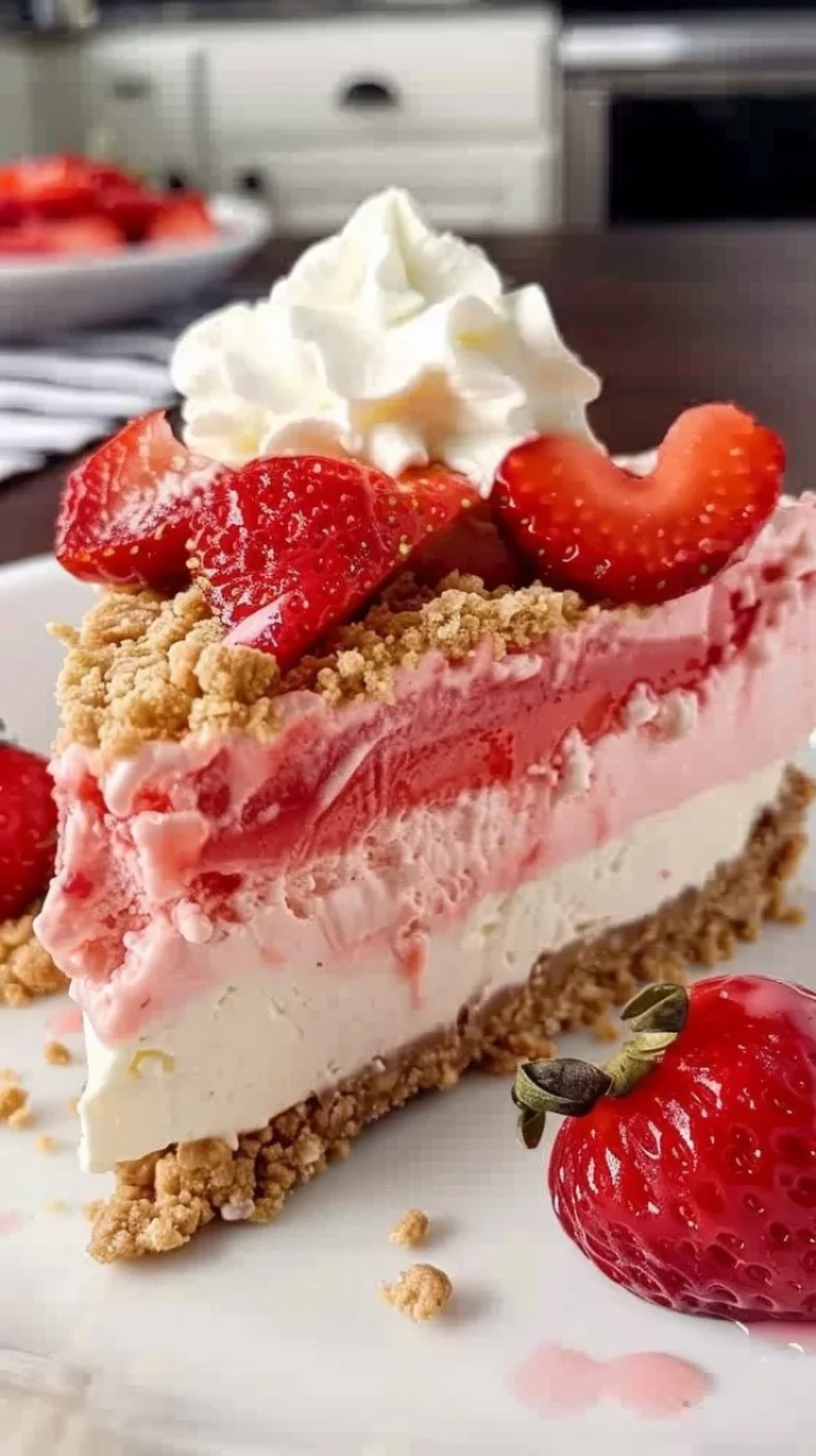 Slice of Strawberry Crunch Cheesecake with vibrant strawberries on top