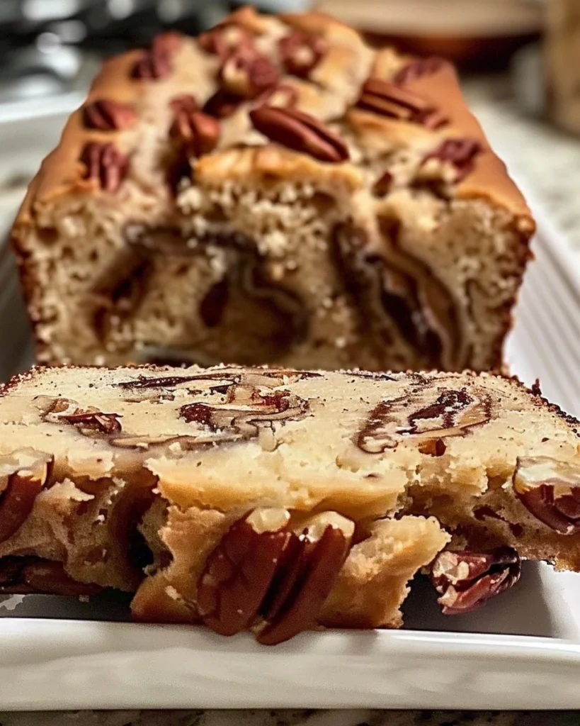 Sliced Sweet Alabama Pecan Bread on a wooden cutting board with pecans