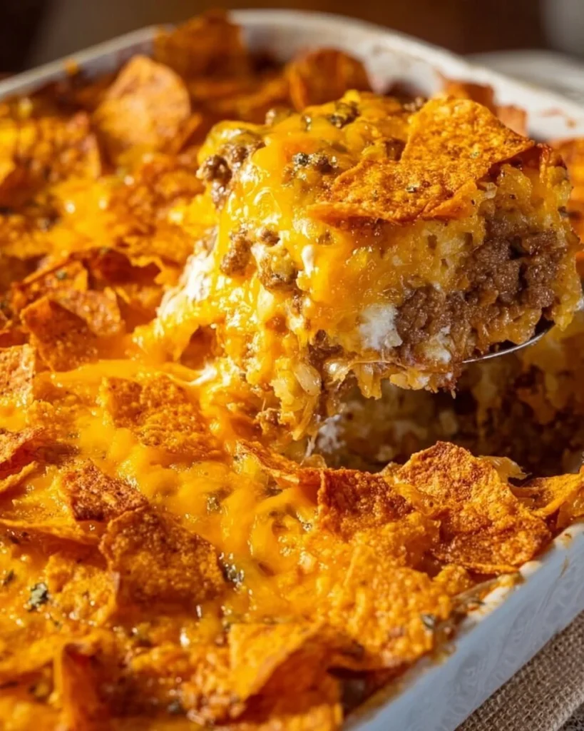 Taco Hash Brown Casserole in a baking dish topped with melted cheese.