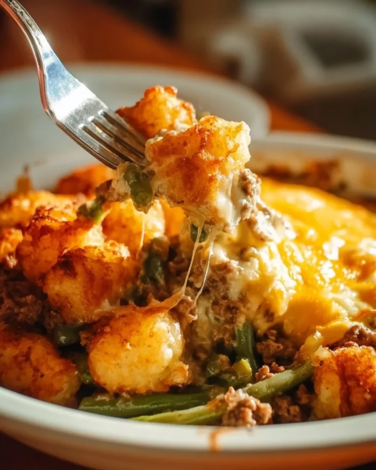Tater Tot Casserole with hamburger and green beans in a baking dish