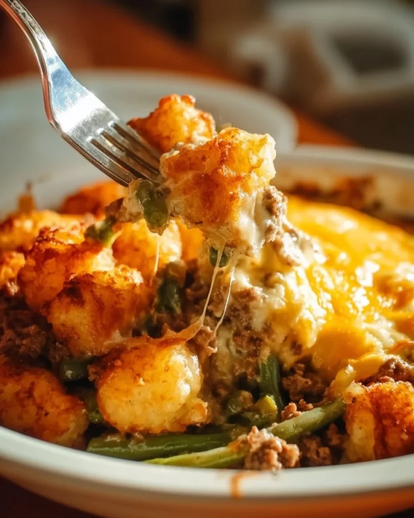 Tater Tot Casserole with hamburger and green beans in a baking dish