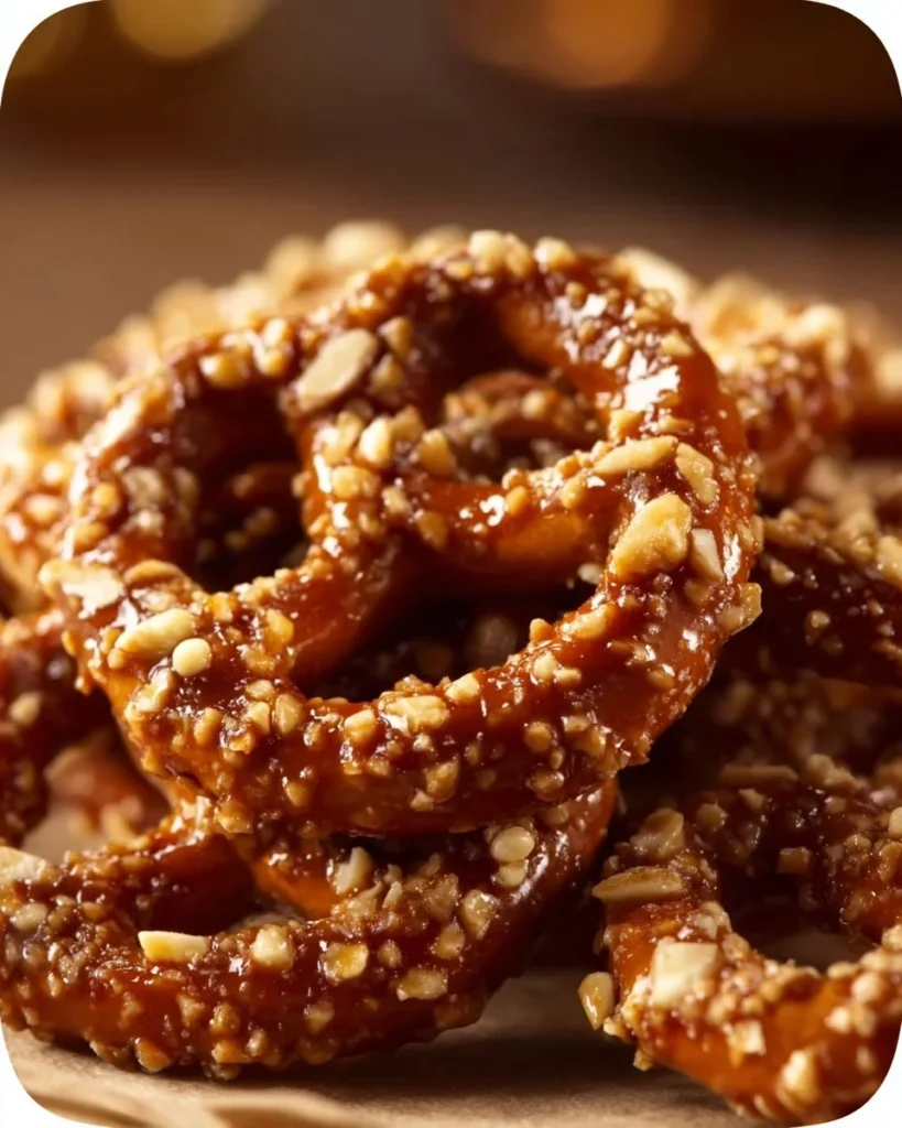 Bowl of addictive butter toffee pretzels with a sweet and salty glaze