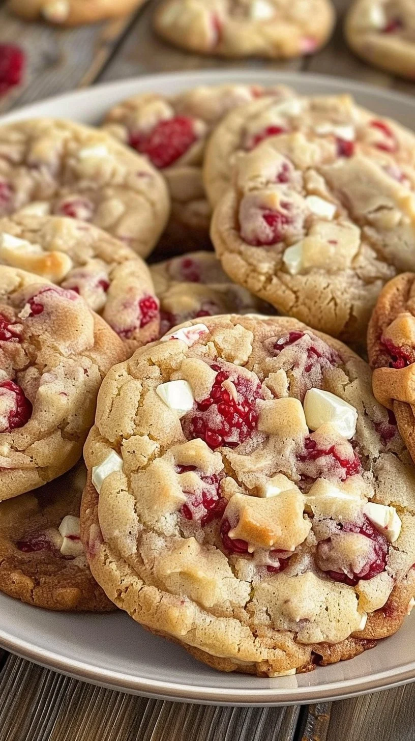 Freshly baked White Chocolate Raspberry Cookies on a cooling rack.