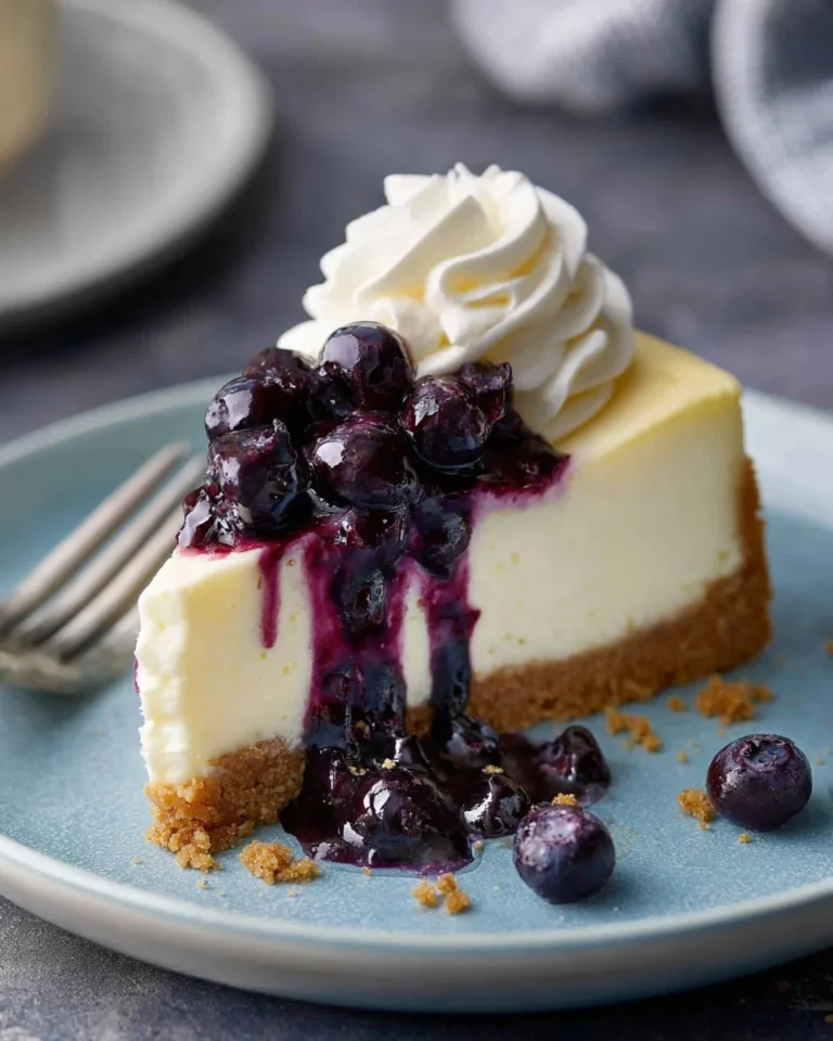 Delicious blueberry cheesecake with fresh blueberries on top